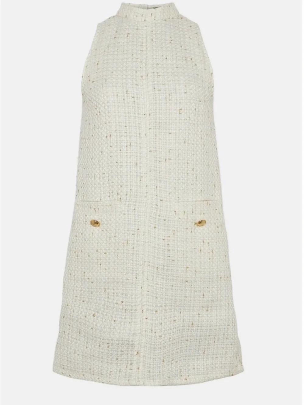 KAREN MILLEN Sleeveless Tweed Mini Dress White with Gold Buttons Size 4 UK8 NWT